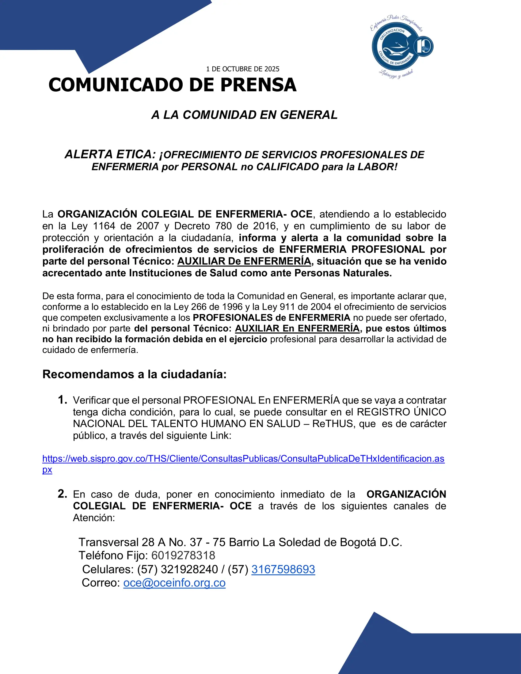 COMUNICADO DE PRENSA OCE oct 1